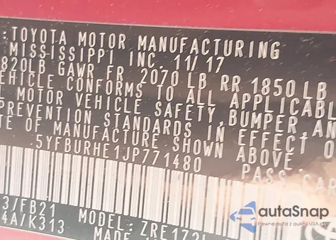 2018 Toyota Corolla Le from USA, damaged, VIN 5YFBURHE1JP837459